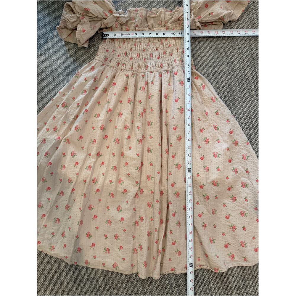 R VIVIMOS Cotton Floral Print Puff Sleeves Smocked Ruffles Midi Dress Beige XL - Picture 7 of 7